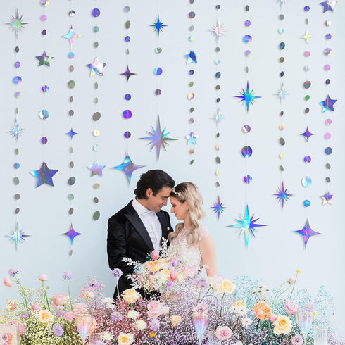Iridescent Party Decorations, Star Circle Dot Paper Garland Banner for Kids Birthday, Baby Shower, Wedding, Festival