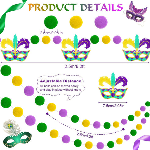 3 Pieces Pom Pom Garlands, Mardi Gras Decorations with Gold Purple Green Felt Ball Banners for Birthday Party