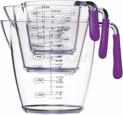 Colourworks Measuring Jug Set, 3-Piece Plastic Jugs with 200, 400 and 900ml, Purple