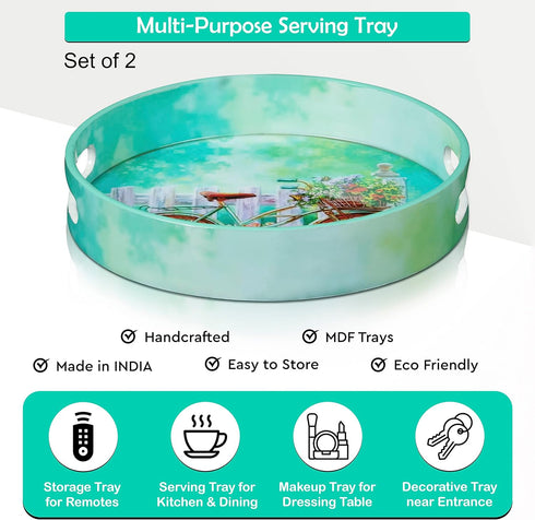 Set 2 Counter Crocon Round Wooden Ottoman Trays with Handles of Cycle Printed Farmhouse Decorative Serving Trays
