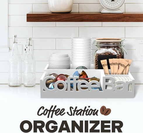 Countertop Coffee Bar Organizer for Wooden Coffee Station Caddy with Compartments for Pods, Condiments, Tea
