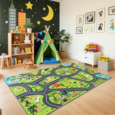Zoo Adventure Kids Car Rug, Cute Animal Play Mat with Non-Slip Backing,