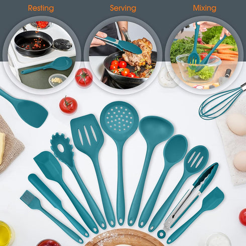 Teal Blue Kitchen Utensils Set, E-far 15-Piece Silicone Cooking Utensils with Holder, Heat Resistant for Cooking