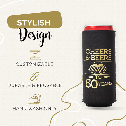 Cheers to 60 Years Can Coolers, Set of 12 - Black and Gold 60th Birthday Party Favors and Decorations for Men and Women