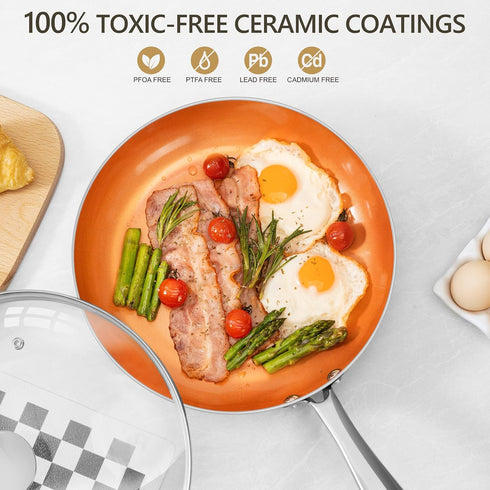 MICHELANGELO 10 Inch Copper Nonstick Frying Pan with Lid, Scratch Resistant Ceramic Coating