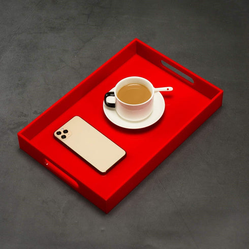 Sturdy Red Acrylic Serving Tray with Handles, 10x15 Inch for Serving Coffee, Appetizer, Breakfast, Butler, Makeup