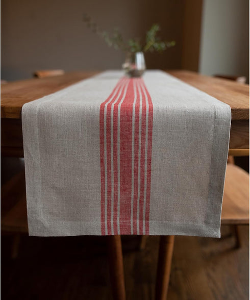 Solino Home Linen Striped Table Runner 48 Inches - 100% Pure Linen Red and Natural Small Table Runner for Dresser