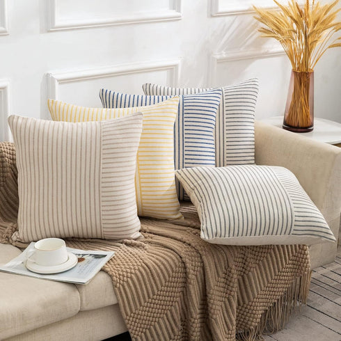22x22, Set 2, YCOLL Farmhouse Pillow Covers Modern Accent Square Throw Pillow Covers of Blue and Beige Striped