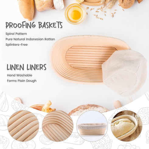 Bread Proofing Baskets Set of 2, 10 inch Oval Shaped Dough Proofing Bowls with Liners for Sourdough Baking
