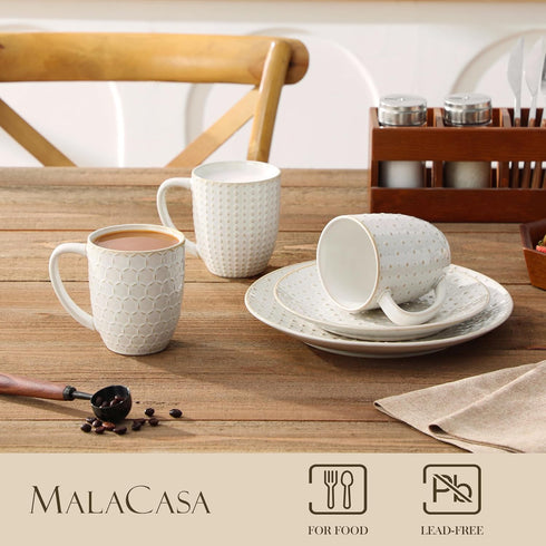 16 OZ Set 4 Set, MALACASA LYDIA Coffee Mugs, Ceramic Mugs of with Handle, Embossment Cups for Latte, Hot Tea