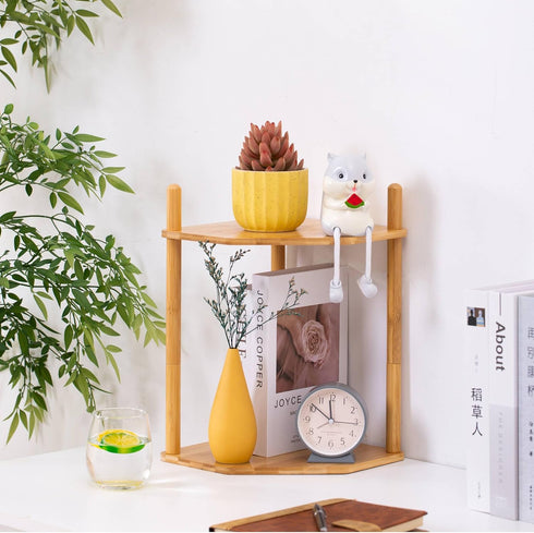 2-Tier Counter (1, 11.4" Expandable Bamboo Corner Shelf - Dish/Plate Organizer for Cabinet, Kitchen Shelf & Small