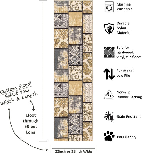 Custom Size Grey Ivory Fancy Patchwork Rubber Backed Non-Slip Hallway Stair Runner Rug, 22 inch Wide