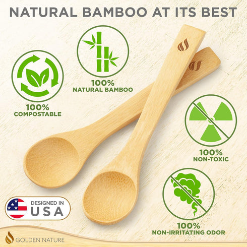 Golden Nature Bamboo Spoon Set (10 Pc), Small Kitchen Teaspoons, Tiny Wooden Spoons Perfect for Sugar, Spices, Seasoning, Coffee, Jam, Herbs, Honey & Dessert