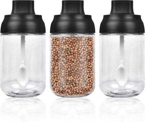 Spice Containers Glass, 3Pcs Kitchen Glass Condiment Containers with Lids, 8 oz Spice Jars, Moisture-Proof Seasonings