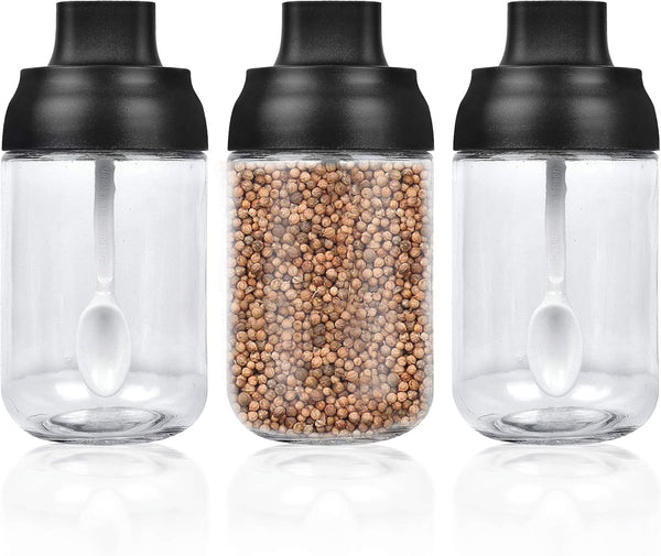 Spice Containers Glass, 3Pcs Kitchen Glass Condiment Containers with Lids, 8 oz Spice Jars, Moisture-Proof Seasonings