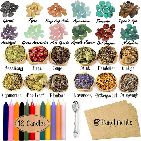 Witchcraft Supplies Kit for Spells,48 PCS Witch Box Include Dried Herbs, Crystal Jars, Colored Candles, Parchment. Wiccan Supplies and Tools, Beginner Witchcraft Kit Witch Stuff for Pagan, Rituals by Babiclean