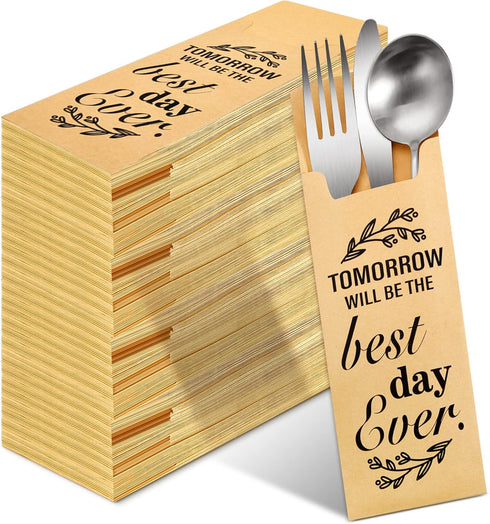 Gueevin 100 Pcs Tomorrow Will Be The Best Day Ever Wedding Paper Silverware Bags, Rustic Cutlery Pouch