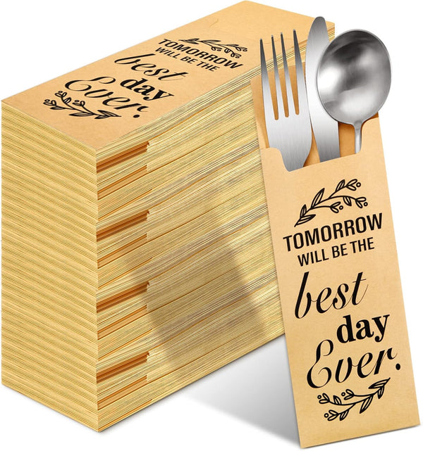Gueevin 100 Pcs Tomorrow Will Be The Best Day Ever Wedding Paper Silverware Bags, Rustic Cutlery Pouch
