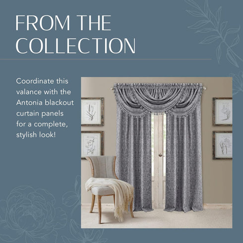 Elrene Home Fashions Antonia Floral Damask Waterfall Window Valance with Tassels, 52"x36", Silver