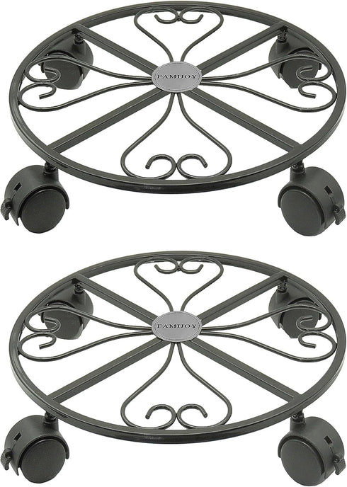 FAMIJOY 2 Pack Metal Plant Caddy,12 Inch Plant Stand Round Plant Roller with