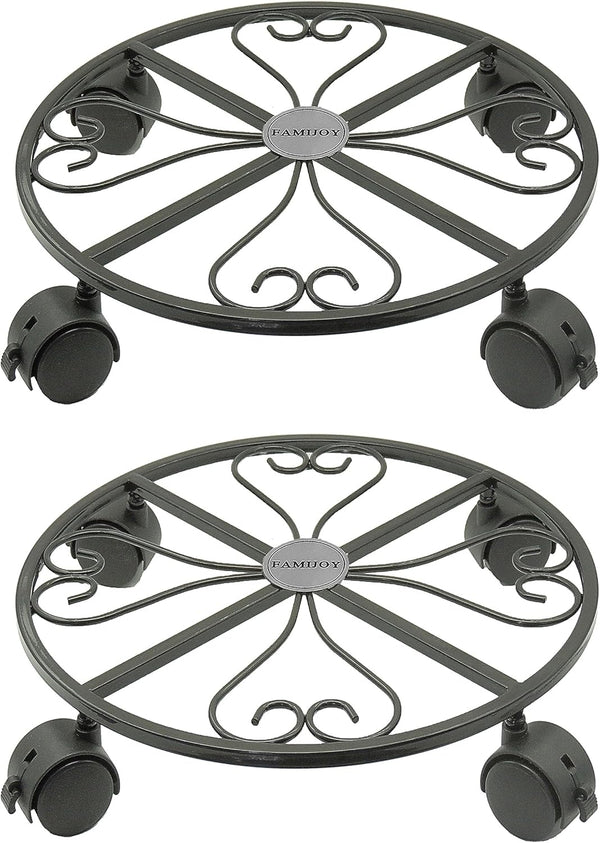 FAMIJOY 2 Pack Metal Plant Caddy,12 Inch Plant Stand Round Plant Roller with