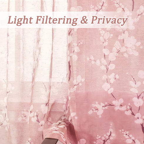 FMFUNCTEX Linen Sheer Curtains, Blush Pink Blossom Patterned, 96 Inches Long, Floral Drapes for Kids Room and Living
