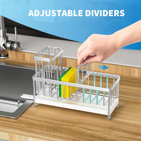 Cisily Sponge Holder for Kitchen Sink | Stainless Steel Silver Sink Caddy with High Brush Holder | Kitchen Accessories