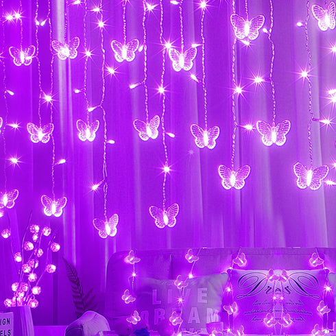 Purple Butterfly Curtain Fairy Lights USB Plug in,120 LED 8 Modes 20FT