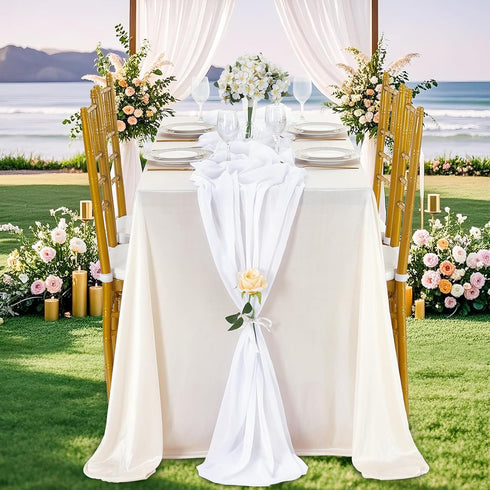 10Ft 1 Piece White Chiffon Table Runner - 27x120 Inches Sheer Chiffon Fabric for Bridal Party Decorations