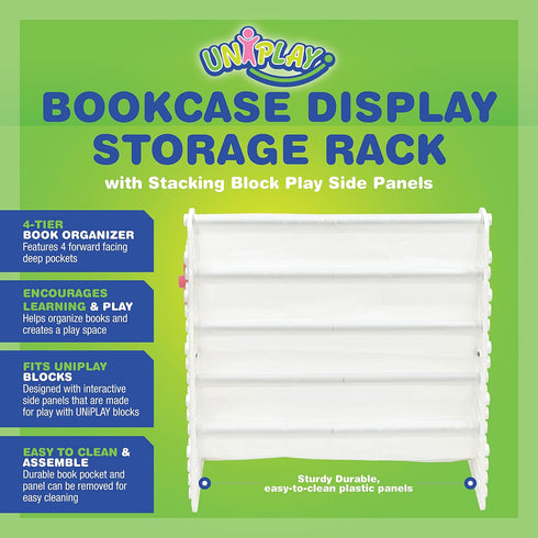 4-Tier UNiPLAY Kids Book Storage Organizer with Sling Book Pockets, Plastic Sling Rack Bookshelf for Playroom, Fits