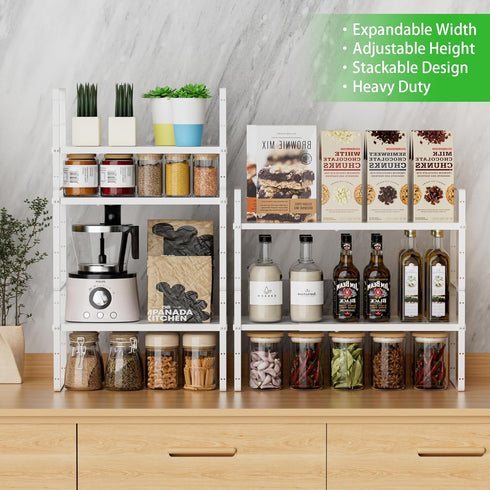 Expandable Cabinet Storage Shelf, Stackable Organizer Rack for Kitchen Bathroom Pantry, Heavy Duty White, 2 PACK