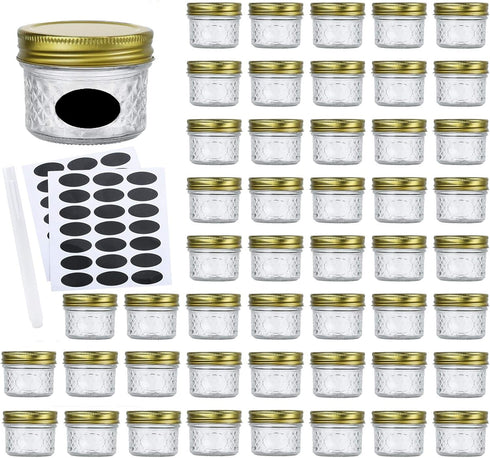 Encheng 4oz Glass Jars with Regular Lids, Mini Wide Mouth Mason Jars, Clear Small Canning Jars with Gold Lids (40 Pack)