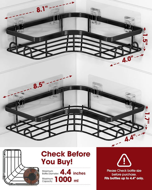 2 Pack, 8 Sakugi Corner Shower Caddy - Adhesive Shower Organizers, Rustproof Stainless Steel Shower Shelves with Hooks