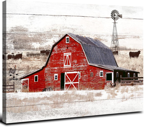 Rustic Farmhouse Canvas Print - Country Red Barn Pictures Wall Art with Windmill and Highland Cow for Kitchen Living