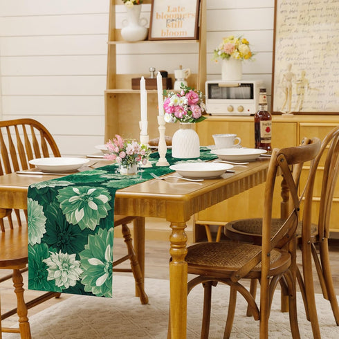 Summer 13x90 Inch Deep Green Dahlia Flower Spring Table Runner Green Gray Burlap Table Runners, Floral Seasonal Coffee