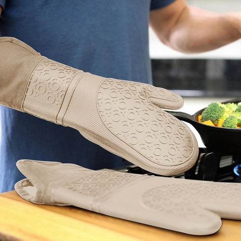 HOMWE Extra Long Professional Silicone Oven Mitt, Heat Resistant Pot Holders, 1 Pair Beige