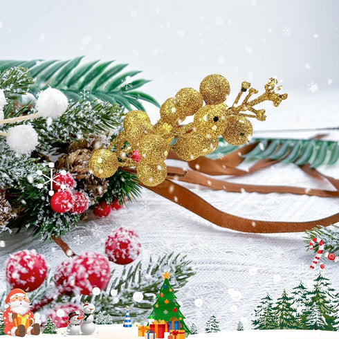LEBERY 14Pcs 7.8 Inch Gold Christmas Glitter Berries Stems Christmas Tree Picks Artificial Christmas Picks Stems Faux