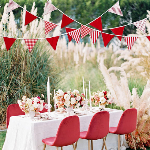 32Ft Red White Plaid Stripe Dot Fabric Bunting Banner, Triangle Flags Cotton Garland for Birthday, Wedding, Party, Home