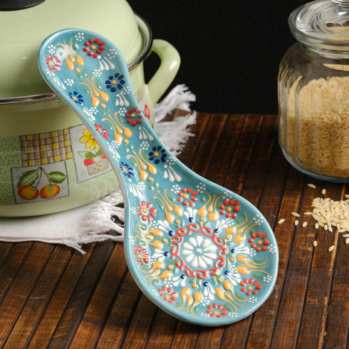 Handmade Ceramic Spoon Rest for Stove Top, 10" Colorful Kitchen Counter Utensil Holder, Dishwasher Safe