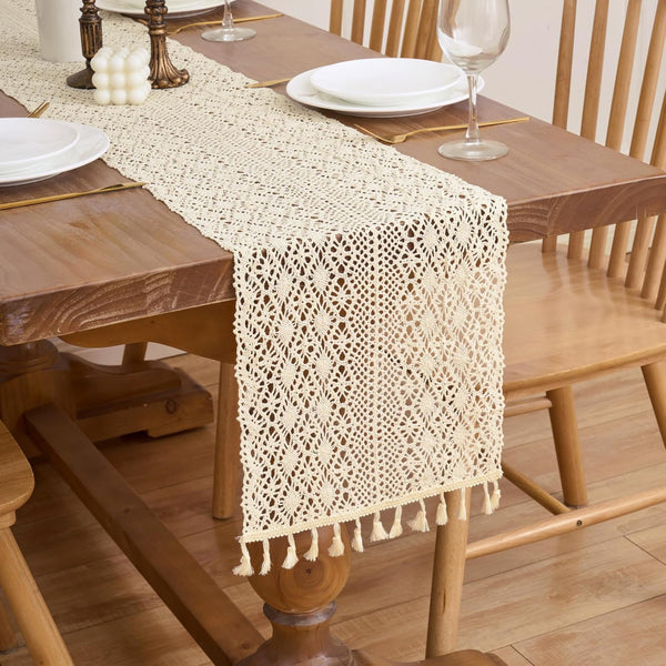 Gemseek 60 Inch Boho Crochet Lace Table Runner, Bohemian Vintage Beige Cotton