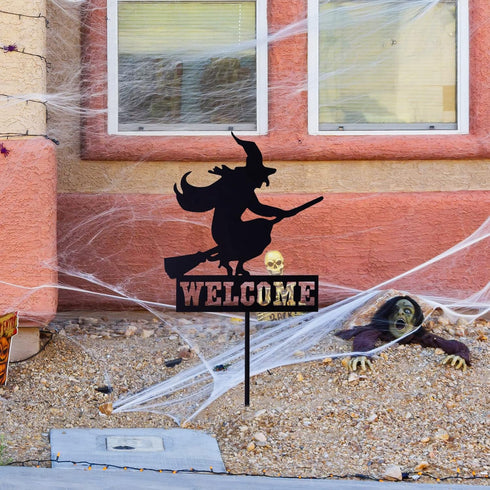 Whaline Halloween Welcome Sign with Stake, Spooky Witch on Broom Door Hanger, Black Witches Silhouette Garden Stakes
