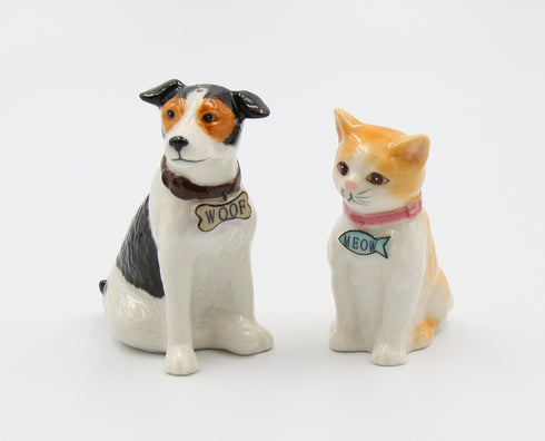 Fine Porcelain Dog and Cat Salt and Pepper Shakers Set, 3-3/8" H - 20781