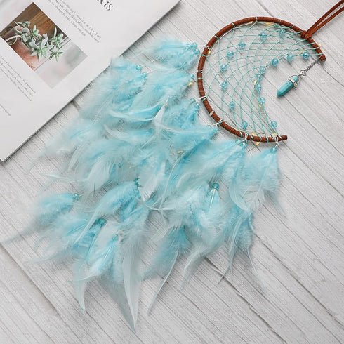 Dremisland Moon Dream Catcher - Handmade Feather Wall Hanging Ornament with Fairy Lights for Kids Bedroom Decor