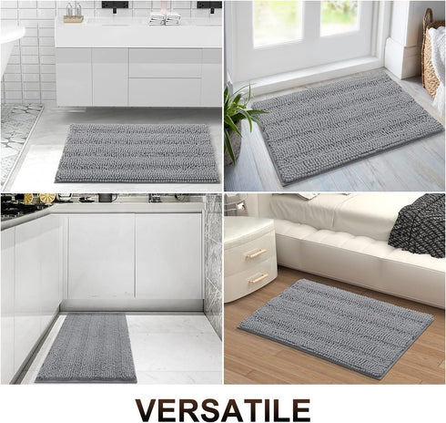 Grandaily Chenille Striped Bathroom Rugs - Extra Thick, Non-Slip Soft Plush Shaggy Bath Carpet, Dark Gray