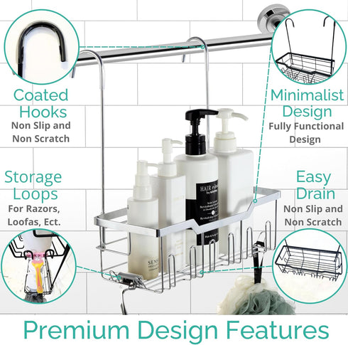 Small Shower Caddy Hanging with Rotatable Hooks, Adhesive Mount, Spacious Bathroom Storage Solution, 304 Stainless Steel