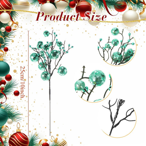 24 10 Inch Geosar Pieces Christmas Glitter Berries Stems Christmas Berry Picks Artificial Glittered Berries Ornaments