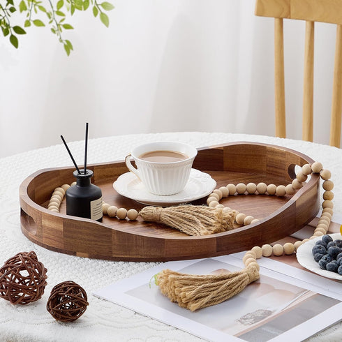 NAVORIX 17'' 13'' Counter Acacia Wood Serving Tray with Handles - x Round, Decorative Ottoman Trays for Breakfast, Home