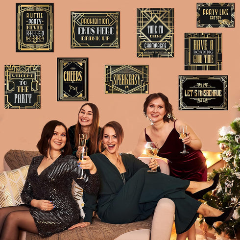 LINGXIU 9 Pieces Roaring 20s Party Decorations, Black and Gold Retro Jazz Wall Signs Kit for 1920s Speakeasy