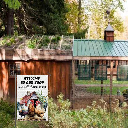 Welcome To Our Coop Chicken Garden Flag, 12x18 Inch Double Sided Rustic Rooster Yard Flag