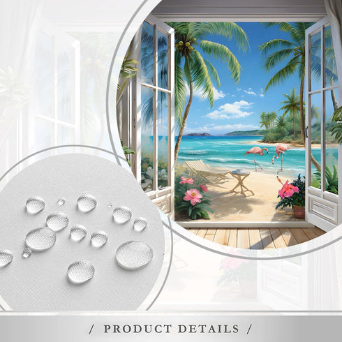 Seascape Shower Curtain - Beach Tropical Palm Trees Ocean Flamingos Coastal Nature Landscape Fabric Decor 70X70 Inch